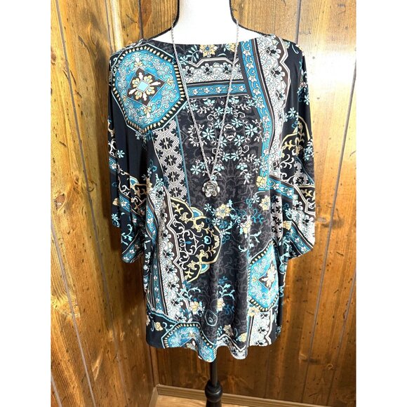 Chicos Womens XXL Paisley Floral Print Tunic Top With Necklace Black Teal - Picture 3 of 9